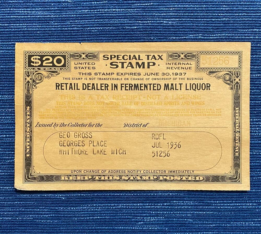 VTG US Special Tax Stamp 1936 Whitmore Lake Michigan Malt Liquor Retail Dealer